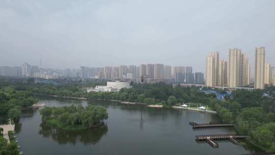 航拍山东菏泽河滨公园视频素材模板下载