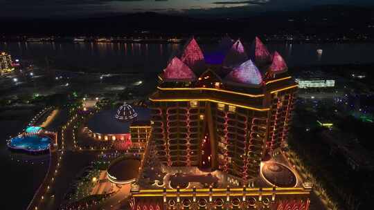 老挝金三角特区木棉之星酒店城市夜景航拍视频素材模板下载