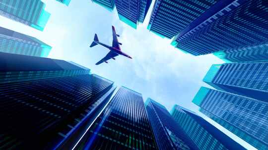 飞机空中飞过金融商务中心楼顶