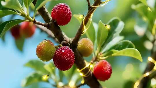 树上成熟的杨梅特写