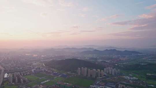 杭州滨江城市晨曦风景航拍