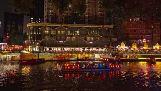 成都东门码头夜游锦江夜景游船河流实时