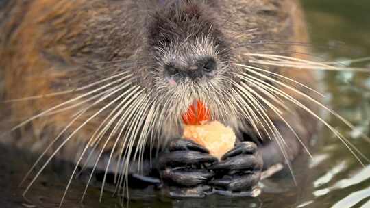 长胡须饥饿的河豚站在水里吃东西。海狸鼠拿着一块特写