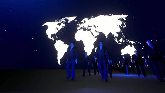 商务人士在黑暗中走在世界地图下