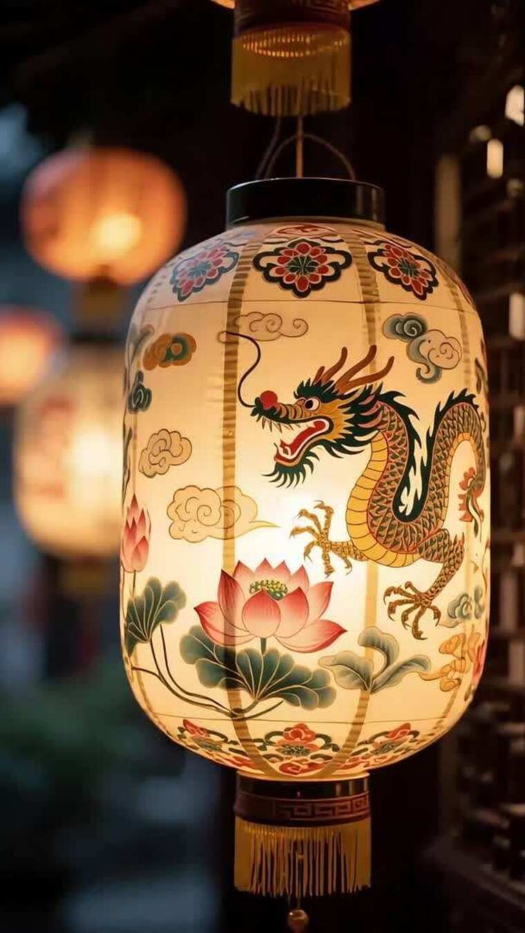 中式传统龙纹灯笼特写