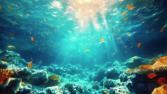 深蓝海底鱼群水下世界珊瑚水下阳光表面深海