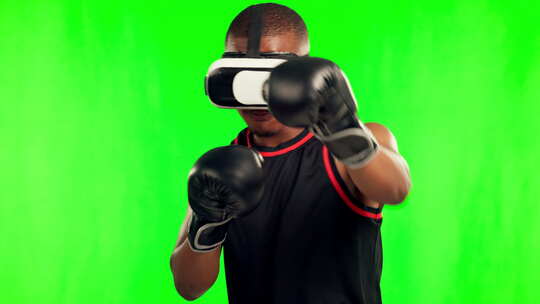 男人，拳击和虚拟现实，游戏和绿屏健身，视