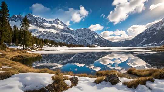 雪山湖泊自然风光全景