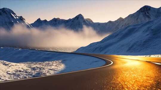 雪山间蜿蜒道路的壮美自然风光