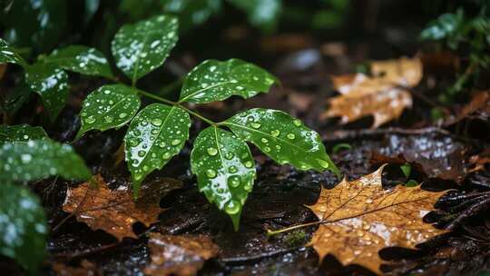 带水珠的绿叶与枯叶特写