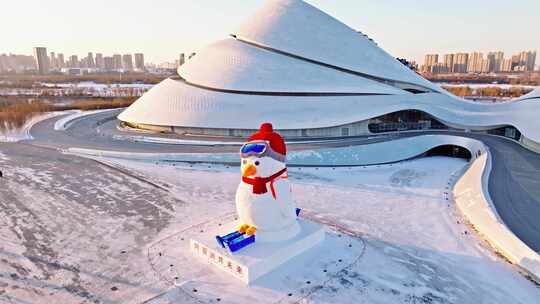 中国黑龙江哈尔滨大剧院企鹅大雪人航拍合集