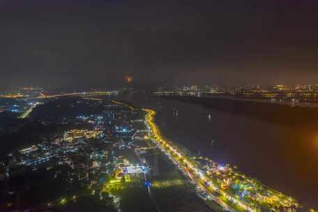 南海九江大桥西江河堤夜景航拍延时
