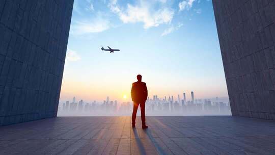 成功商人站在高处遥望未来的背影