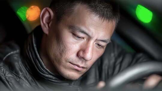 深夜疲劳驾驶的司机在高速公路上休息