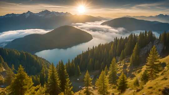 山林湖泊日出全景