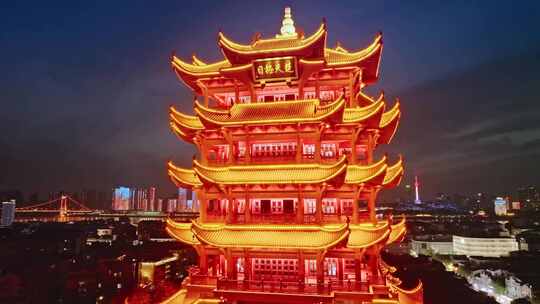 武汉市黄鹤楼夜景航拍延时摄影