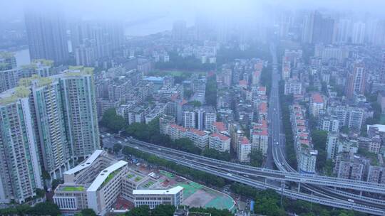 暴雨后云雾缭绕广州城市天空风光航拍