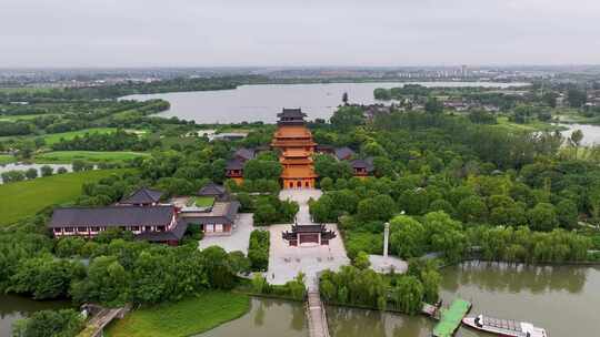 江苏省泰州溱湖景区古寿圣寺航拍