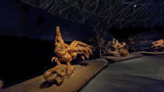 穿越机航拍木雕展览馆大型木雕艺术品山海经