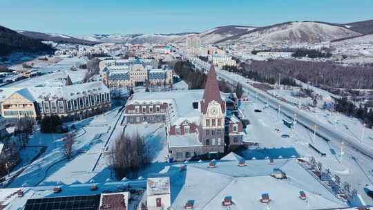 内蒙古阿尔山市区冬天雪景航拍