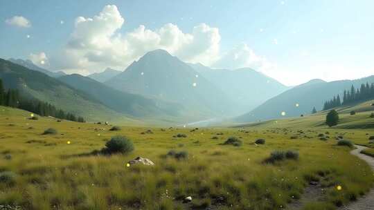 4k乡村高山原野草原动态背景活动粒子