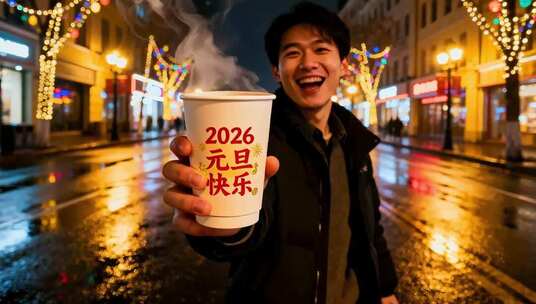 男子街头举杯庆祝2026元旦