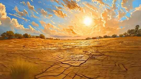 干裂大地：荒漠中夕阳苍凉生命顽强图景 2