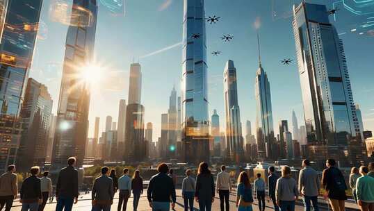 人群眺望未来科技城市景观