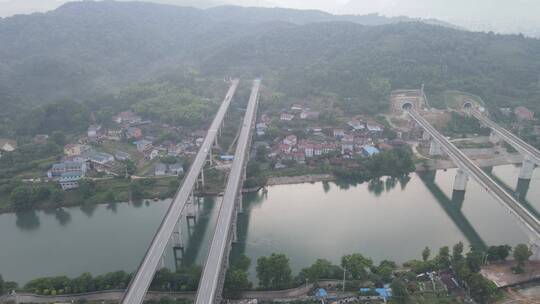 航拍跨河铁路高速路交通运输