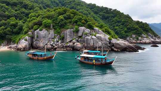 海边停泊两艘彩色船只