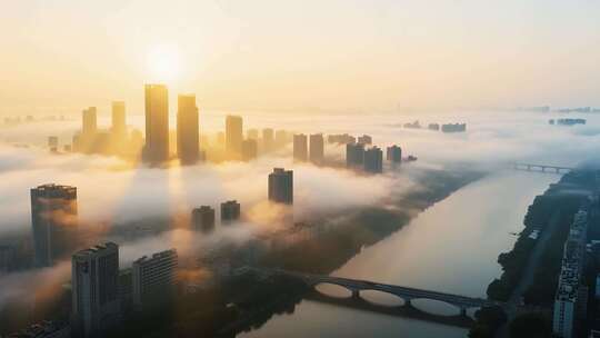 城市日出云海中的高楼景观