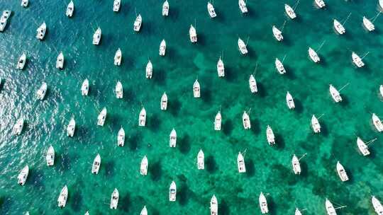 航拍碧绿海面密集游艇停泊度假风光视频