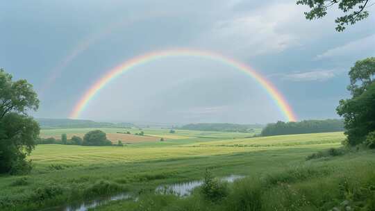 夏天雨后彩虹横跨草原唯美自然风光视频