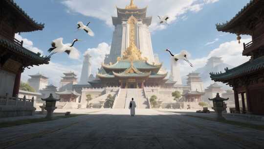 古风建筑前人物与飞鹤场景