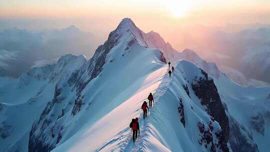 雪山徒步旅行者登山全景
