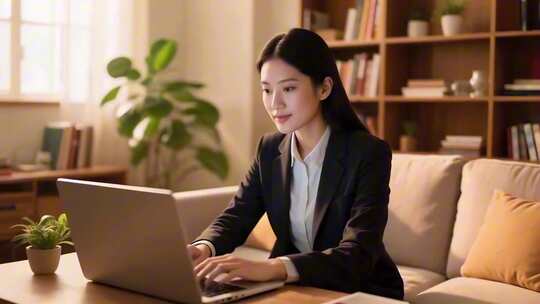 居家办公的职业女性使用笔记本电脑