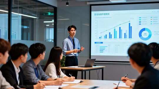 商务人士会议室讲解数据分析