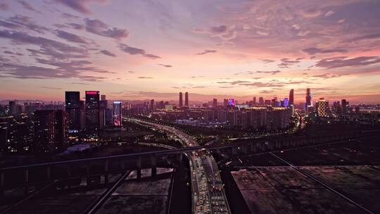 杭州萧山市北板块现代城市风光夕阳航拍