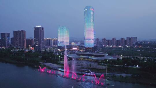 曹娥江夜景,喷泉,城市阳台,余坤国际广场