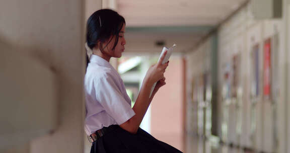 一个穿着白色制服的亚洲高中生女孩焦急地坐