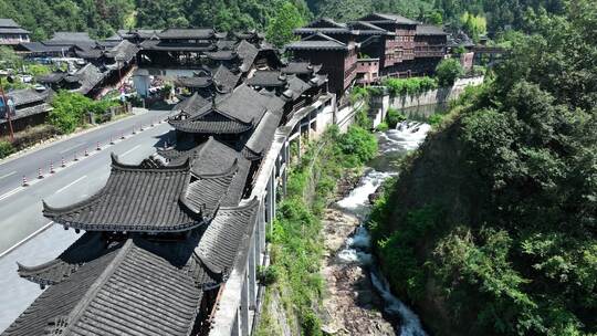 千户苗寨景区大门航拍空镜 贵州乡村美景