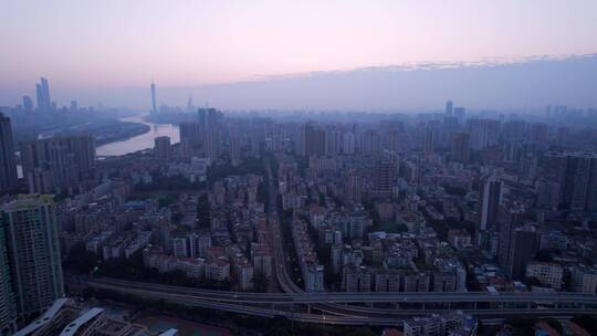 广州2023年元旦日出前珠江岸城市风光航拍