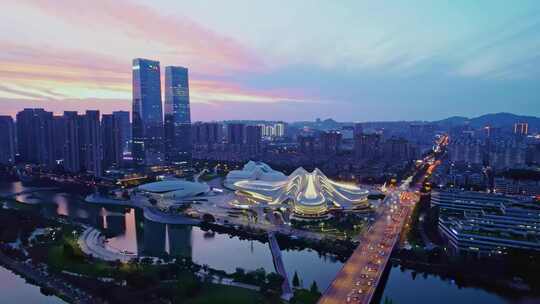 中国长沙梅溪湖公园夜景航拍