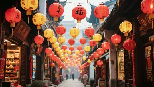 古街悬挂春节灯笼景象