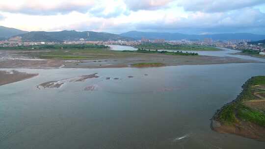 航拍闽江小岛果园茉莉花田沙洲湿地河汊白鹭