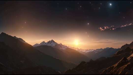 4K- 夕阳下唯美壮观的大气雪山和星星