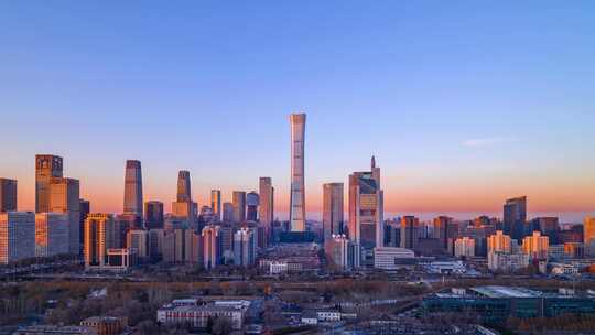 冬季北京国贸城市天际线与车流日转夜延时