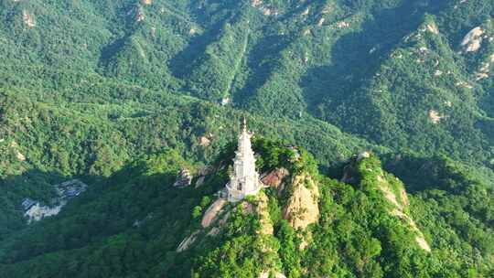 航拍千山绿色山林和大佛寺塔