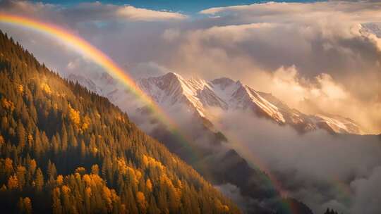 山林雪山间的彩虹美景