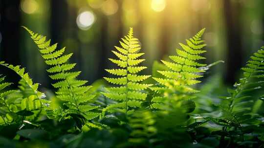 4K湿地森林沼泽绿色蕨类植物逆光